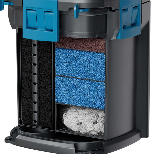Close-up of a BioMaster 2 filter media with blue and black filter foams and ceramic media